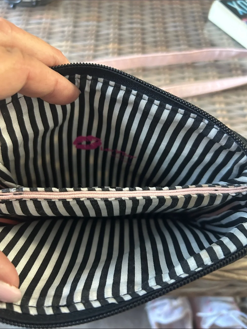Betsey Johnson Black Polka Dot & Heart Crossbody with Pink Strap